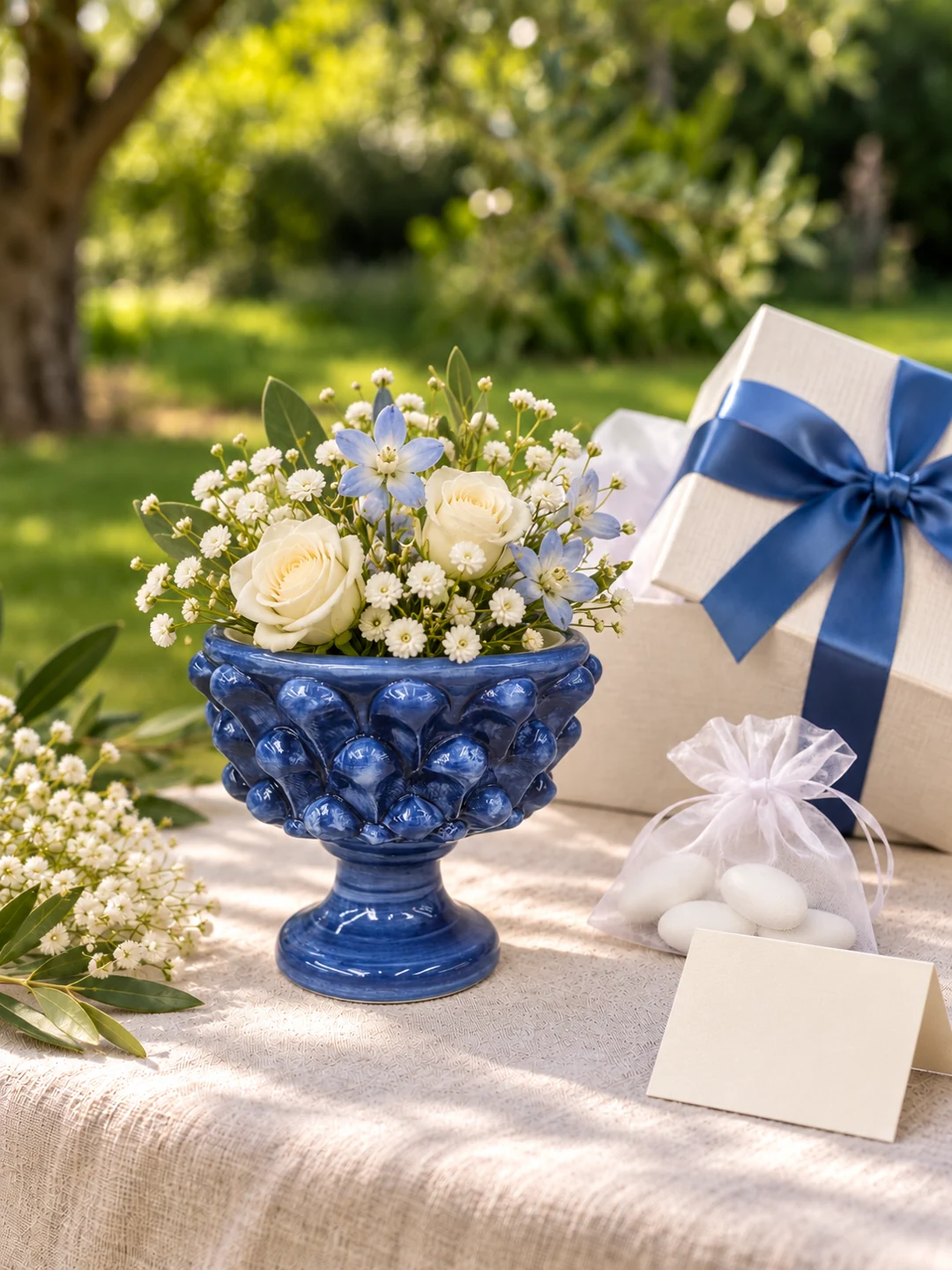 Coppa blu con fiori, proposta di confezione su tavolo in giardino