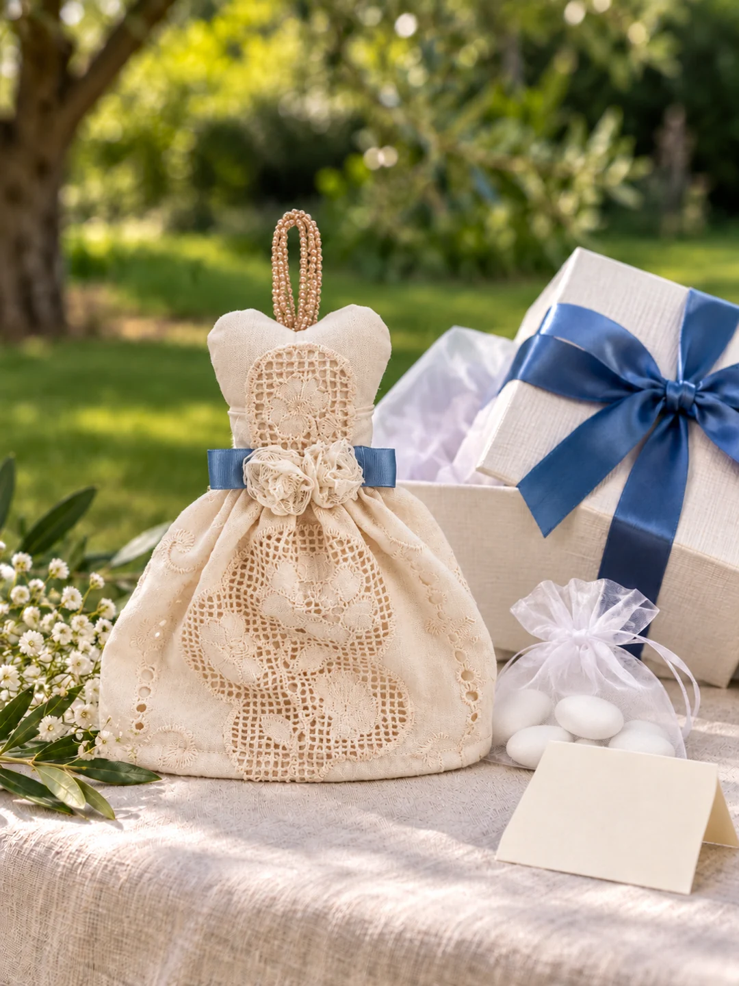 Profumatore a vestitino, proposta di confezione su tavolo in giardino