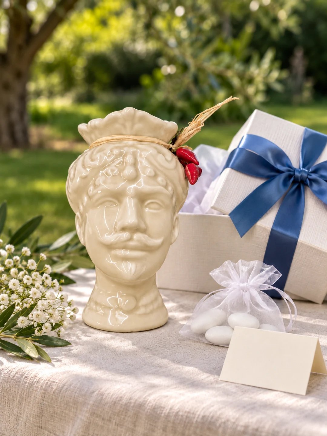 Testa di moro avorio, proposta di confezione su tavolo in giardino